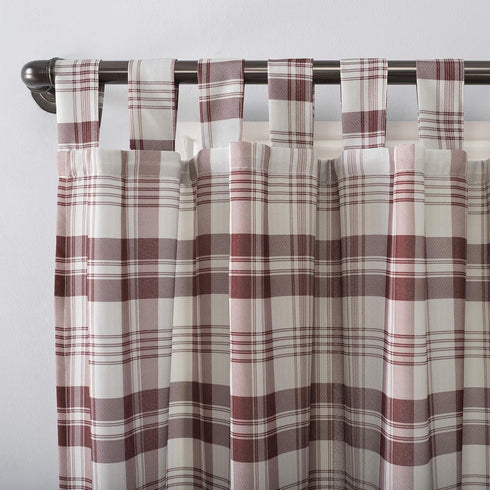 No. 918 Blair Farmhouse Plaid Semi-Sheer Tab Top Curtain Panel, 52" x 63", Red/Ecru Off-White...