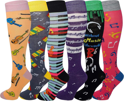 6 Pairs Women's Fancy Design Multi Colorful Patterned Knee High Socks...