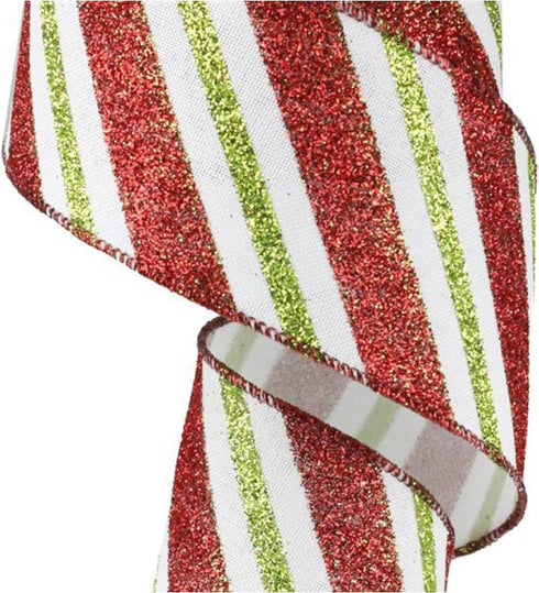 Craig Bachman Diagonal Glitter Stripe Wired Edge Ribbon - 2.5" x 30 Ft (White, Red, Lime Green)...