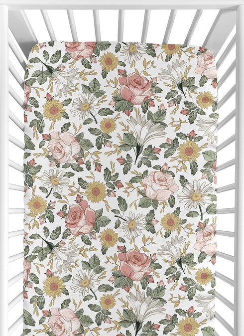 Sweet Jojo Designs Vintage Floral Boho Girl Fitted Crib Sheet Baby or Toddler Bed Nursery - Blush Pink, Yellow, Green and White Shabby Chic Rose F...