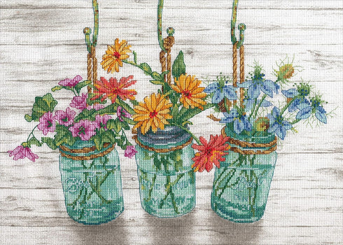 Dimensions 70-35378 Mason Jar Flowers Counted Cross Stitch Kit, 14 Cnt. White Aida Cloth, 14 x 10...