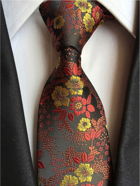 Elfeves Mens Dark Brown Suit Tie Orange Red Petal Woven Silk Paisley Party Necktie Gift...