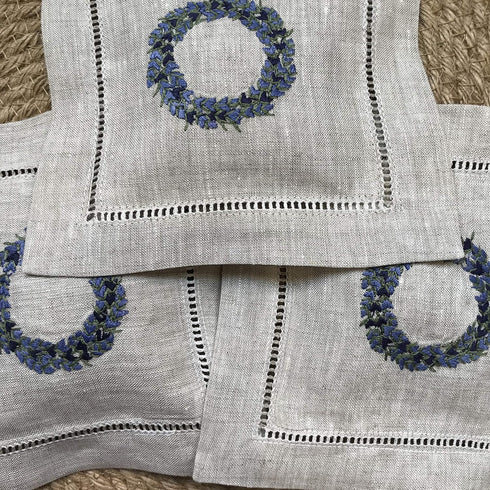 Hand embroidered lavender pillow sachet bag “Lavender crown” natural linen cushion 6"x6", set of 3...