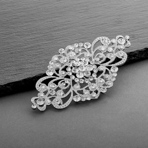 Mariell Vintage Bridal Crystal Brooch Pin, 4" Wide, Antique Silver Wedding Pin, Rhinestone Brooch for Brides and Wedding, Art Deco Fashion Accesso...