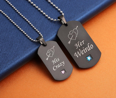 His Crazy Her Weirdo Couple Pendant Necklaces His & Hers Matching Set Titanium Stainless Steel Couple Pendant Necklace Engraved Jewelry Set, Perfe...
