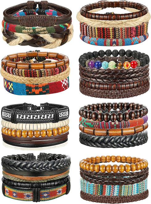 FIBO STEEL 31 Pcs Braided Leather Bracelets for Men Women Wooden Beads Cool Hemp Tribal Wristbands Cuff Punk Multilayered Bracelets...