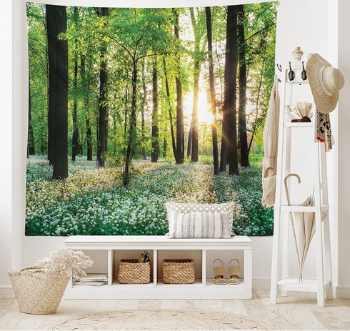 Ambesonne Forest Tapestry, Sunny Forest with Wild Garlic Enchanting Wildflowers Blossoms Landscape Scenery, Wide Wall Hanging for Bedroom Living R...