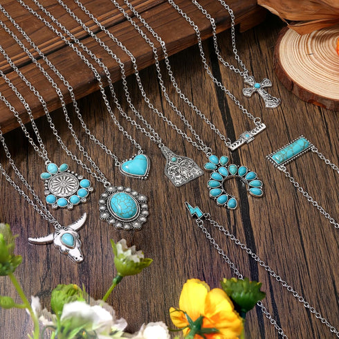 FUNRUN JEWELRY 10Pcs Western Necklaces for Women Turquoise Necklace Cow Tag Lightning Bolt Horseshoe Bar Turquoise Pendant Necklace Cowgirl Boho W...