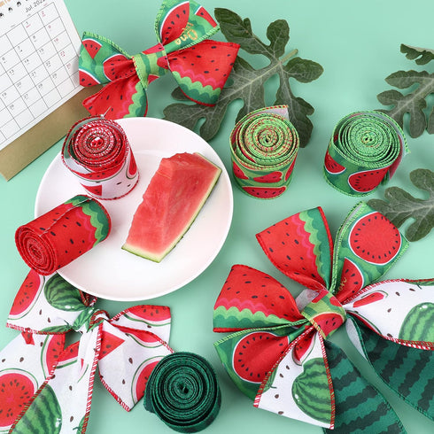 25 Yard Watermelon Wired Edge Ribbons, 5 Rolls Watermelon Print Summer Ribbons Watermelon Slices Plaid Ribbon Stripe Craft Ribbon for Gift Wrappin...