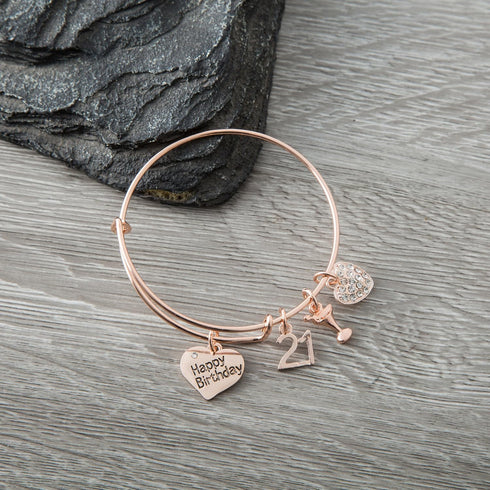 Infinity Collection 21st Birthday Charm Adjustable Bracelet - Love Heart Happy Birthday 21st Expandable Wine Charm - Birthday Gift for Her...
