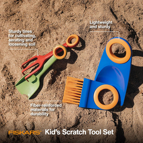 Fiskars Kids Garden Tool Set (4-Piece) - Ages 3+ Educational Toys for Yard Work - Cultivator, Trowel, Scoop and Brush with Organizational Hang Hol...