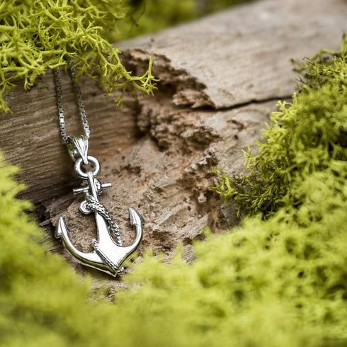 Honolulu Jewelry Company Sterling Silver Ship Anchor and Rope Nautical Necklace Pendant with 18" Box Chain...