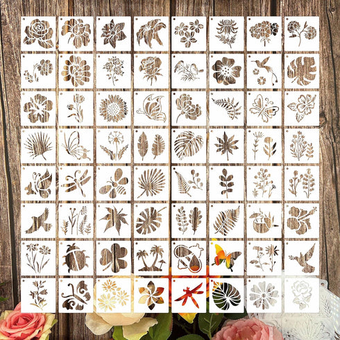 Flower Stencils for Painting, 64pcs 3 Inch Stencils for Crafts Rock Painting Stencils Plastic Reusable Stencils for Painting on Wood Wall Tile Hom...