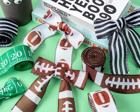 Football Wired Edge Ribbon - 4 Rolls 24 Yards Brown Green Football Burlap Ribbon for Football Game, Rugby Pastel Wired Ribbon for Bow Wreaths, Foo...