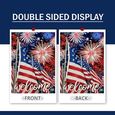 Welcome July 4th Fireworks American Patriotic Garden Flag, America Memorial Day Yard Decorative Red White Blue Star Stripes Home Outside Decoratio...