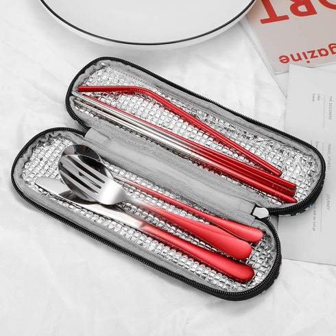 Travel Utensils,Reusable Silverware Set To Go Portable Cutlery Set with a Waterproof Carrying Case for Lunch Boxes Workplace Camping Picnic (GraRe...