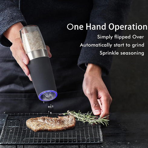 Gravity Electric Pepper and Salt Grinder Set, Battery Operated Pepper Mill with Blue LED Light, One Hand Operation, Flip to Grind, Adjustable Coar...