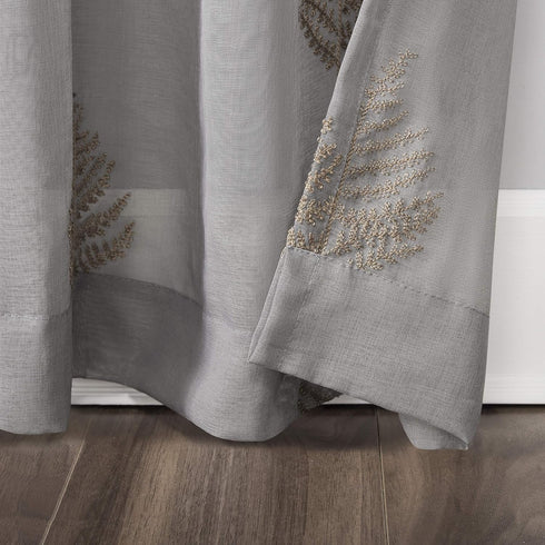 No. 918 Fern Embroidered Fern Sheer Rod Pocket Curtain Panel, 50" x 63", Gold/Gray...