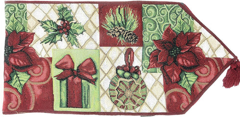 Tache Home Fashion Christmas Green Red Decorative Tapestry Holiday Tidings Poinsettia Table Runners with Tassels, 13 x 90...