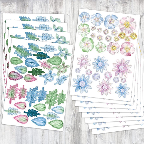 Katy Sue 'ICY Watercolour' Die-Cut/Paper Tole Flowers & Leaves. Contains 12 Letter Sized Sheets - 8 of Die Cut Flowers & 4 of Die Cut Leaves in Bl...