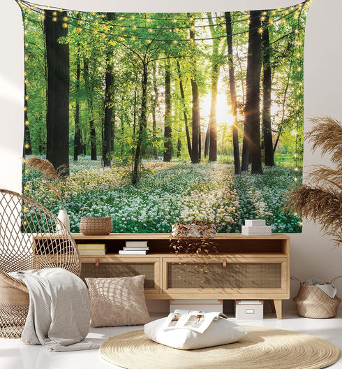 Ambesonne Forest Tapestry, Sunny Forest with Wild Garlic Enchanting Wildflowers Blossoms Landscape Scenery, Wide Wall Hanging for Bedroom Living R...