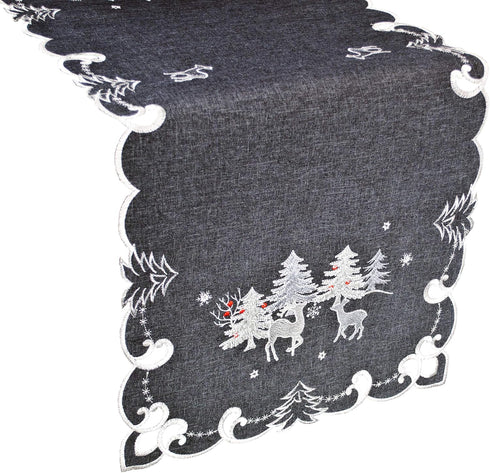 Embroidered Christmas Holiday Silver Reindeer & Christmas Scene on Dark Gray Rectangle Table Runner, Dresser Scarf (16Wx33L)...
