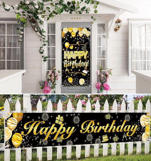 IMISI Happy Birthday Door Banner & Backdrop, Black & Gold, Size 6.16 x 3.15 ft & 6.9 x 1.47 ft, Foldable, Lightweight, Indoor Use, Birthday Occasi...