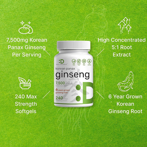 Korean Red Panax Ginseng Root Extract, 7,500mg Per Serving, 240 Softgels – 150mg Active Ginsenosides, 5:1 Max Strength Extract – Energy & Immune H...