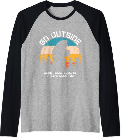 Funny Animal Go Outside Get Eaten By Bear Raglan Baseball Tee...