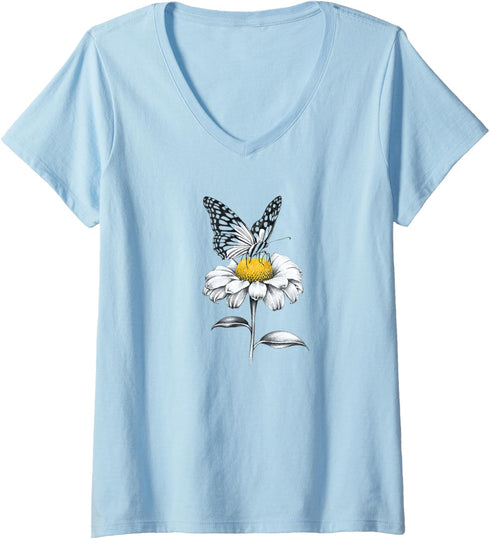 Womens Butterfly Flower Pencil Drawing Nature Design V-Neck T-Shirt...