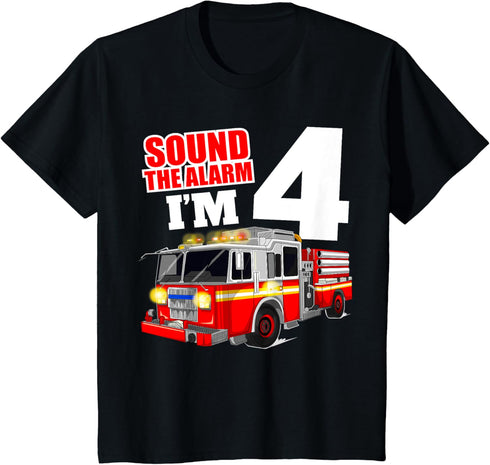 Fire Truck 4th Birthday Boy Firefighter 4 Year Old T-Shirt...
