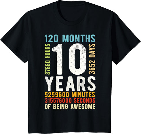 10th Birthday 10 Years Old Vintage Retro 120 Months T-Shirt...