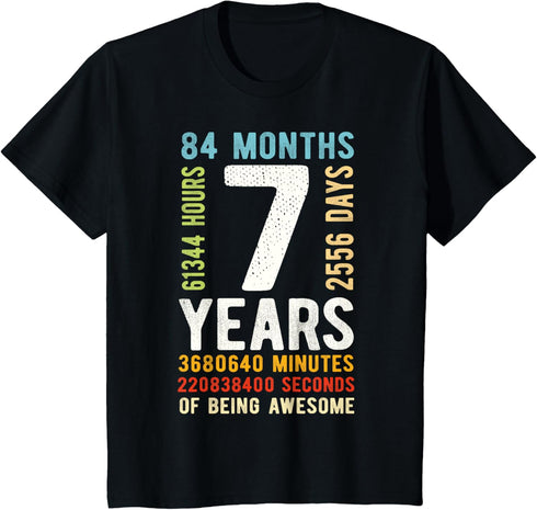 7th Birthday 7 Years Old Vintage Retro 84 Months T-Shirt...