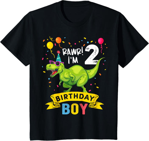 Kids 2 Year Old T Rex Dinosaur 2nd Birthday Boy T-Shirt...