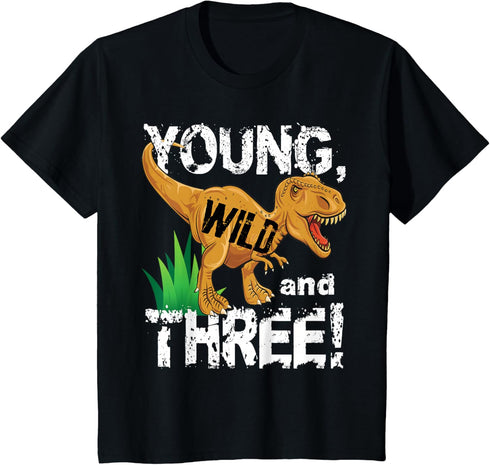 Young Wild and Three (3) Dinosaur T-Rex Birthday Shirt Boys T-Shirt...