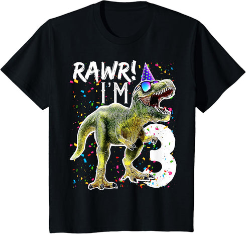 Rawr I'm 3 3rd Birthday T Rex Dinosaur Party Gift for Boys T-Shirt...