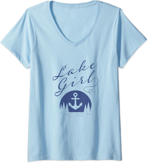Womens Lake Girl Outdoor Living Lakeside Trees Water Nature Anchor V-Neck T-Shirt...