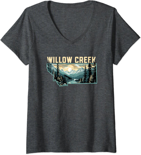 Womens Willow Creek Montana Outdoor Art Retro Hiking V-Neck T-Shirt...