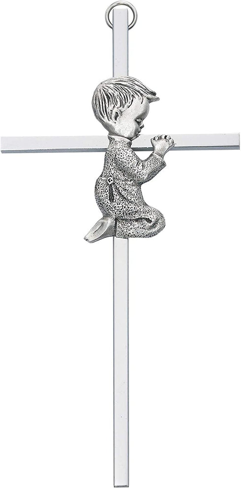 Silver Tone Cross with Praying Boy, 6 Inch