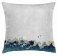 Ambesonne Japanese Wave Throw Pillow Cushion Cover, Aquatic Swirls Birds of Ocean Ukiyo-e Style Artwork Greyscale Background, Decorative Square Accent Pillow Case, 24" X 24", Grey Blue