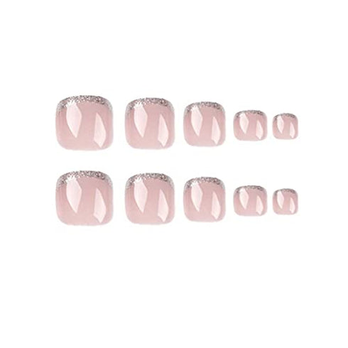 Foccna Square Press on Toenails , French Fake Toenails , Nude Toenails Press on Nails Acrylic Fake Toe Nails ,Foot False Nails Glitter Press on Toe Nail Tips 24pcs