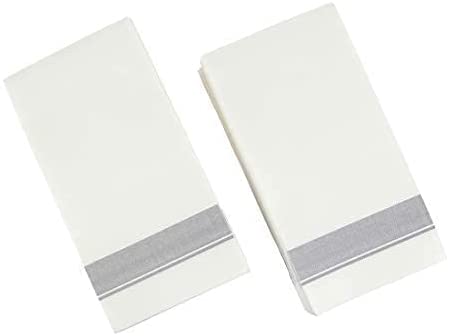 PARTY BARGAINS Disposable Linen-feel Paper Guest Towels - (100 Pack) 13" x 16" White w/Silver Print Cloth-like Paper Hand Towels for Bathroom, Soft, Durable Paper Napkins for Dinner, Wedding & Party