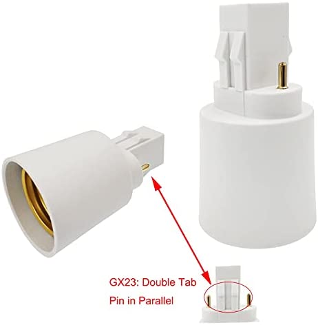 2pcs E-Simpo GX23 Pin-Base to E26/E27 Lamp Base Adapter CFL PL Lamp base to E26 E27 Edison Socket Holder Adapter, Gx23 to E26 Adapter (Gx23 to E26/E27, Double Tab,2P in Parallel)
