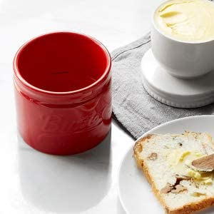 DOWAN Porcelain Butter Keeper Crock, French Butter Dish with Lid, Embossed Butter Container for Soft Butter, Big Capacity & Humanized Water Line, Red