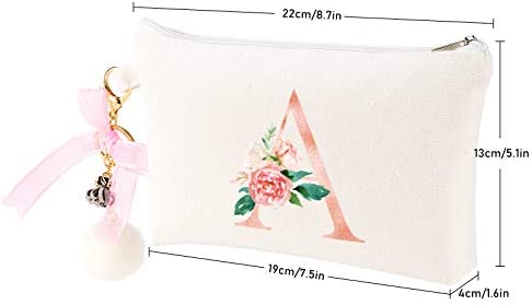 PARBEE Floral Initial Canvas Makeup Bag Zipper Cosmetic Pouch with Keychain, Monogrammed Gift for Girls Women Mom Teacher Birthday Valentine's Day Mother's Day Bridal Shower