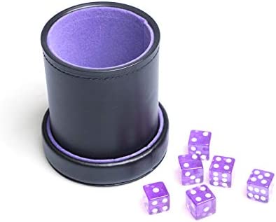PU Leather Dice Cup Purple Velvet Lined Quiet Shaker with Lid Including 6 Purple Translucent Dice for Liars Dice Farkle Yahtzee Board Games