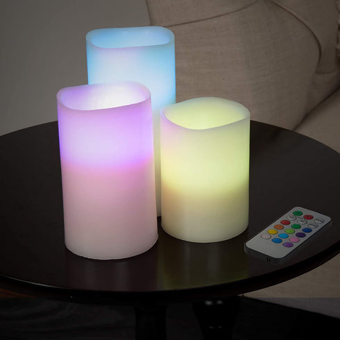 Lavish Home 72-0030C 3 Piece LED Color Changing Flameless Candle Set w/Remote, 3"x3"x6", Multicolor