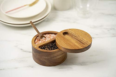 DecoVibe Acacia Salt Box Divided with Magnetic Swivel - 2-Compartment Wooden Spice Cellar - Elegant Wood Storage Keeper for Condiments, Seasoning, Pepper - Attached Spoon on Lid Cover - 3.9x3.9x2.5"