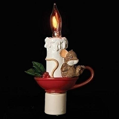 Roman Sleeping Mouse By Candlelight 7 Inch Resin Glass Swivel Plug-In Holiday Wall Night Light, Multicolored