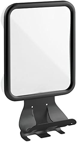 mDesign Large Modern Metal Suction Shaving Mirror Center for Bathroom Showers and Tubs - Holders for Shaving Cream and Razors - Matte Black
